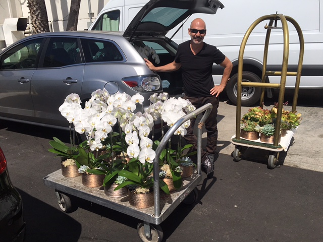 Michael Simon transporting orchids and succulent arrangements to an event.